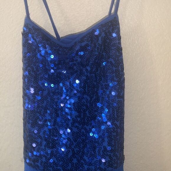 Blue dance sequined leotard with blue chiffon attached skirt - Picture 3 of 4